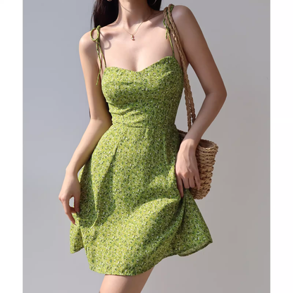 women's summer green printed suspender dress YM1356