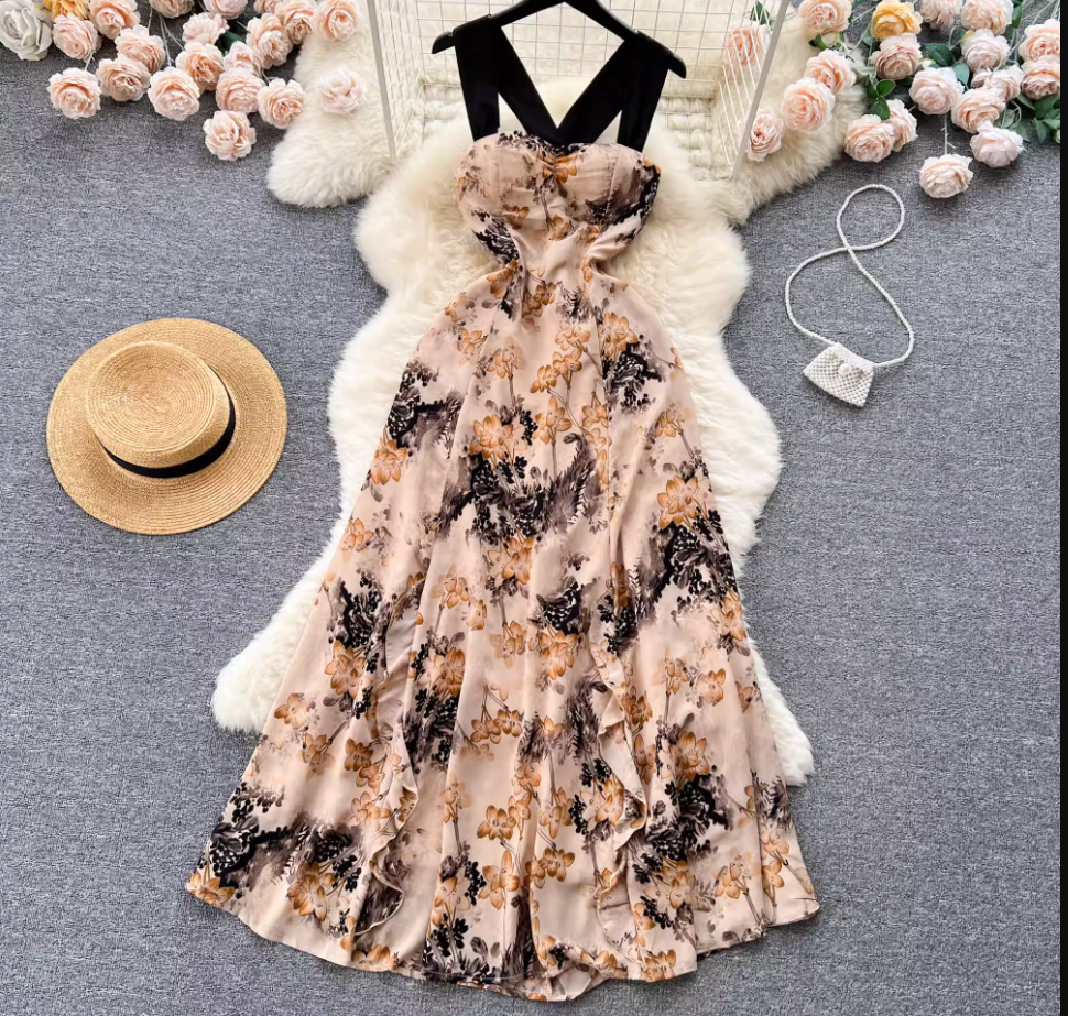 Romantic retro atmosphere floral dress,YM97