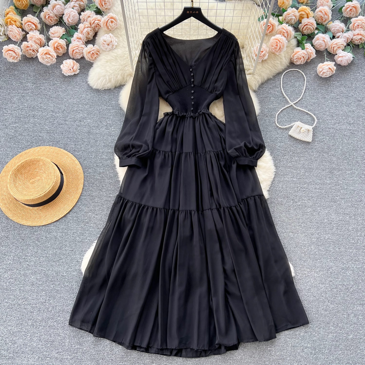 Elegant V-neck long-sleeved waist chiffon dress YM305