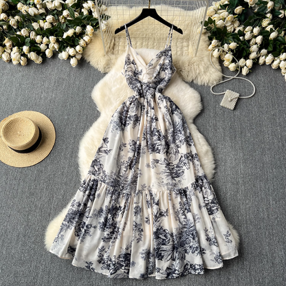 Women's summer retro ink print suspender dress YM1107