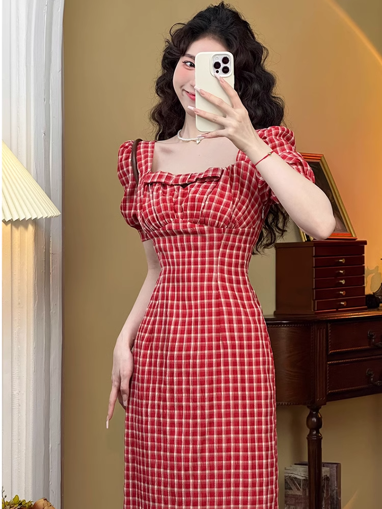 Retro Square Neck Puff Sleeve Dress YM1540