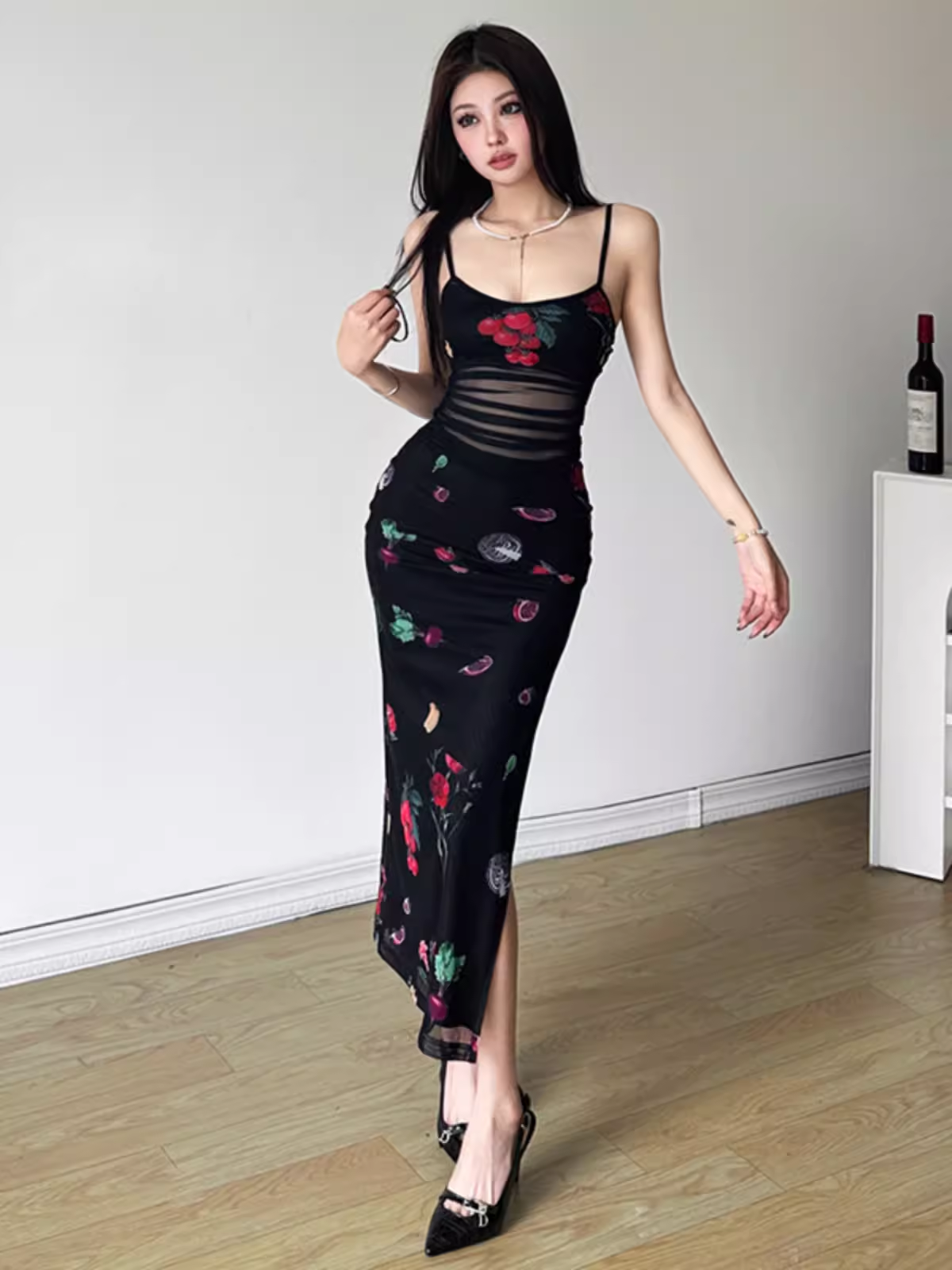 Printed suspender dress with slits YM1397