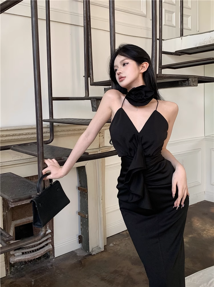 Black V Neck Long Dress   YM1516