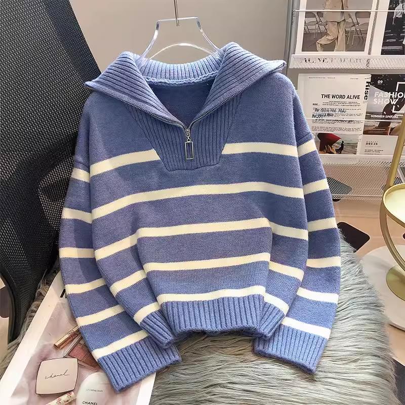 women's spring and autumn striped sweater loose lazy style knitted sweater YM372