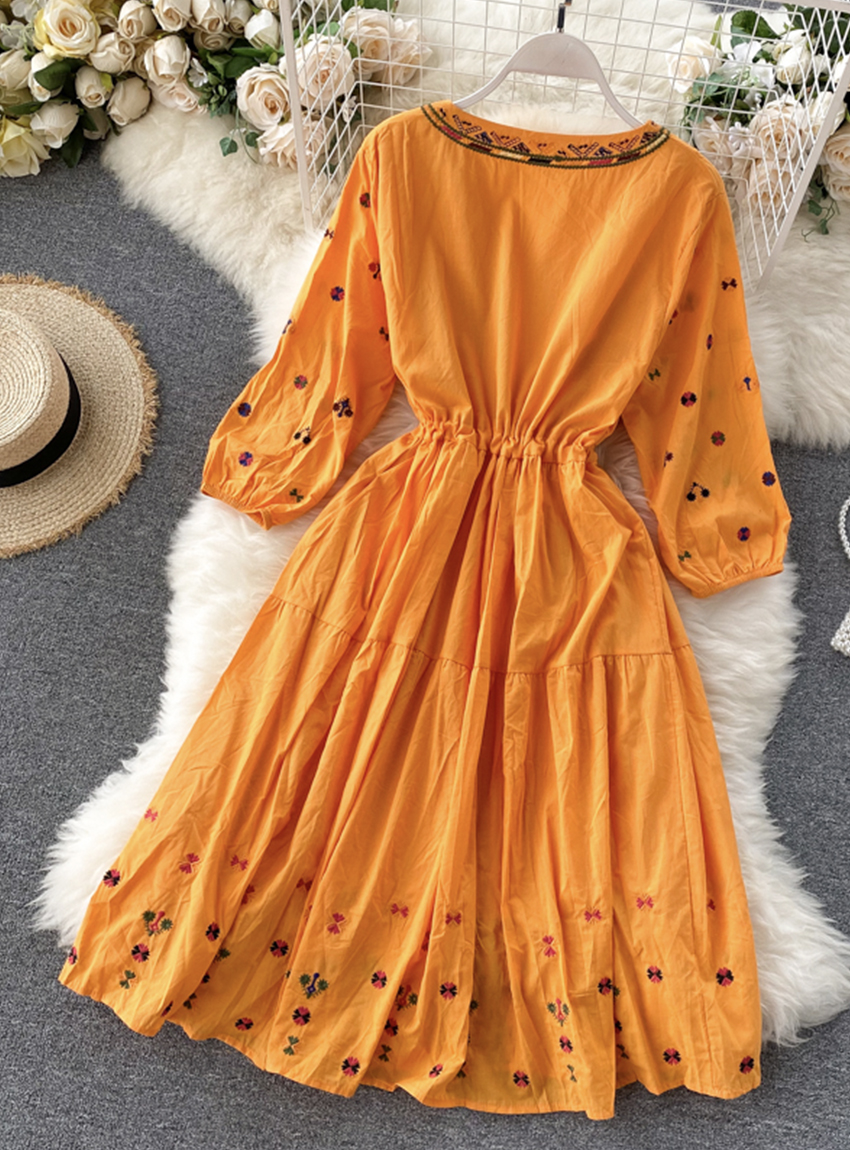 A Line V Neck Embroidery Long Sleeve Dress  YM442