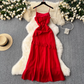 Red dress sexy slit ruffled patchwork holiday skirt YM1116