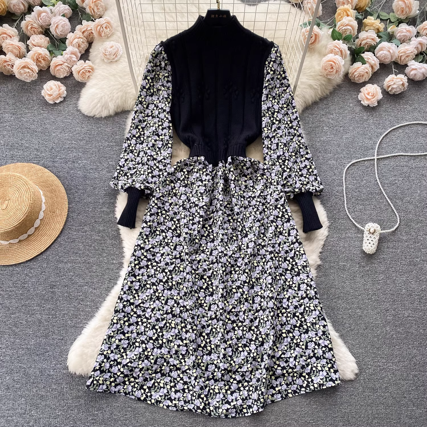 Retro knitted patchwork fake two-piece floral dress YM542