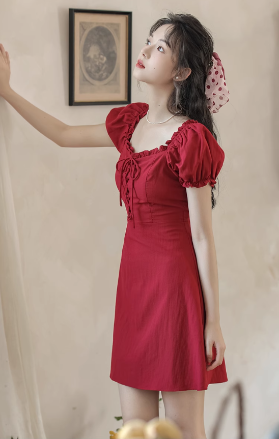 New Style Red Short Dress With Square Neck And Puff Sleeves YM1802