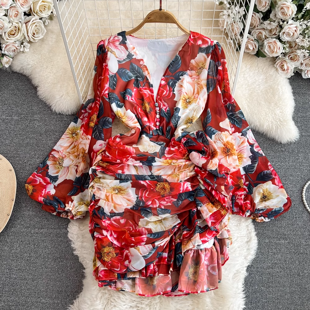 Lantern long-sleeved V-neck pleated printed irregular ruffle dress YM584