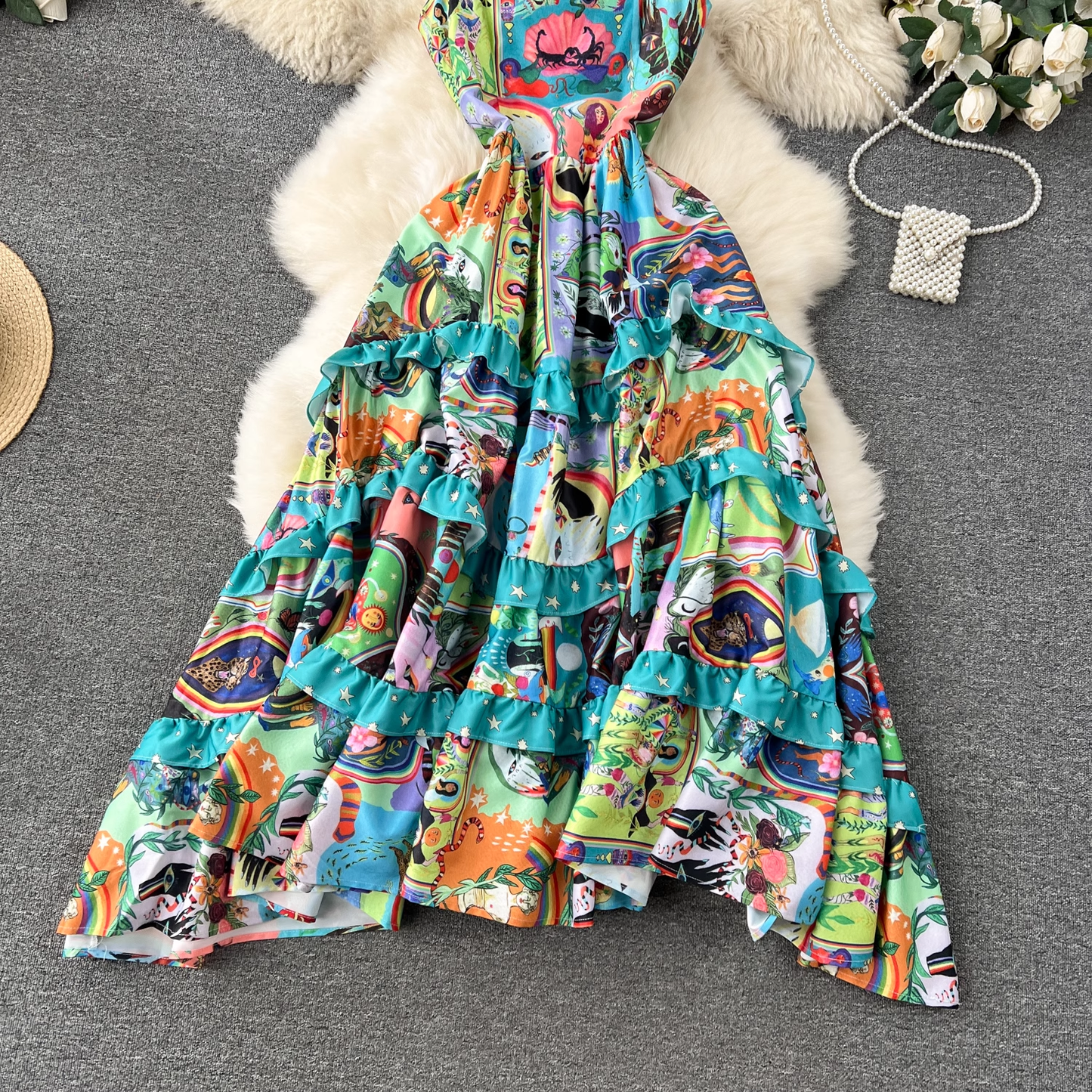 women's printed retro suspender dress YM1148