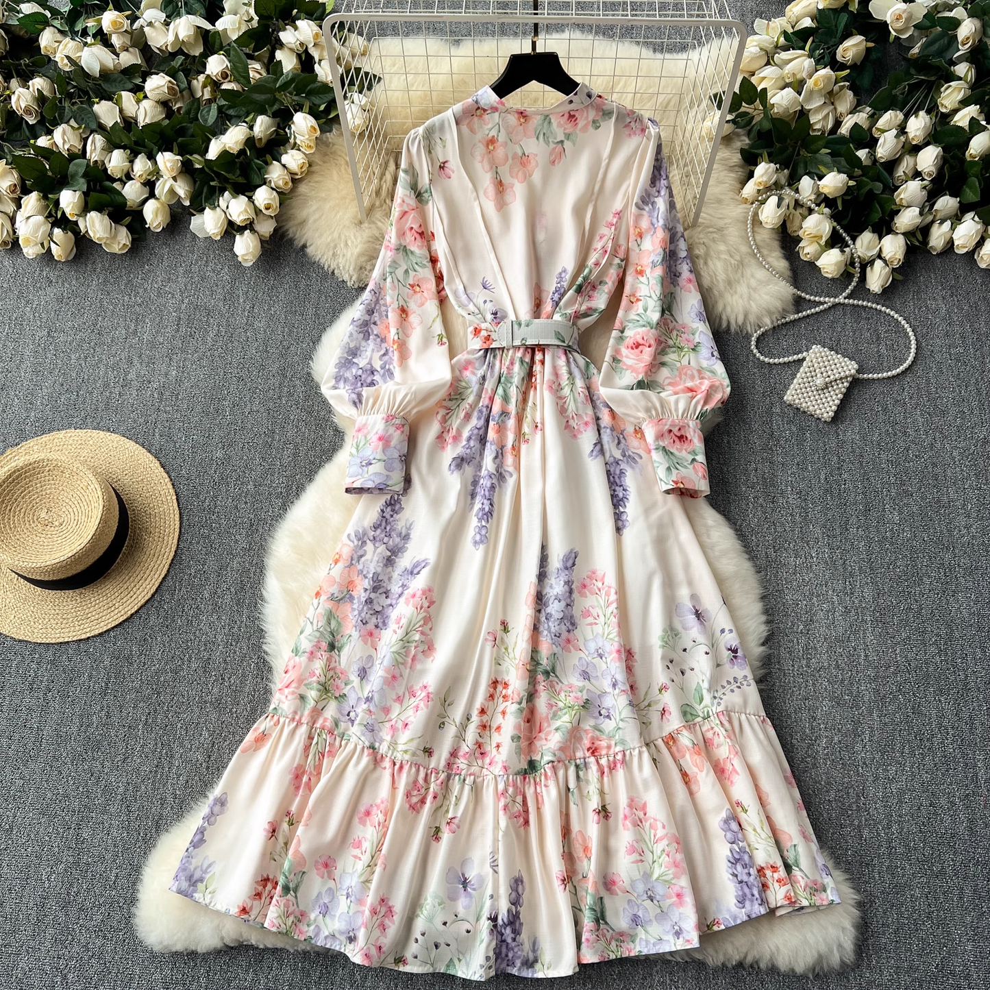 Retro elegant lantern long-sleeved waist printed dress  YM1104