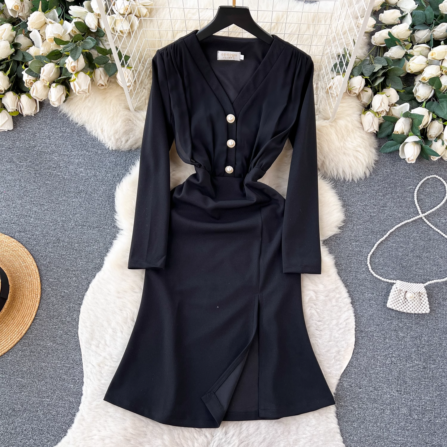 Long sleeve V-neck slit black dress  YM800