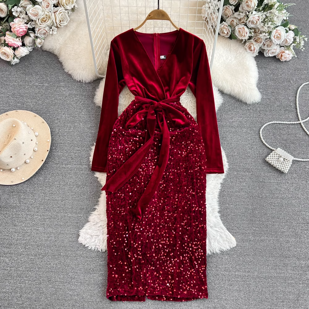 Long-sleeved V-neck waist slimming mid-length velvet spliced sequin dress YM828