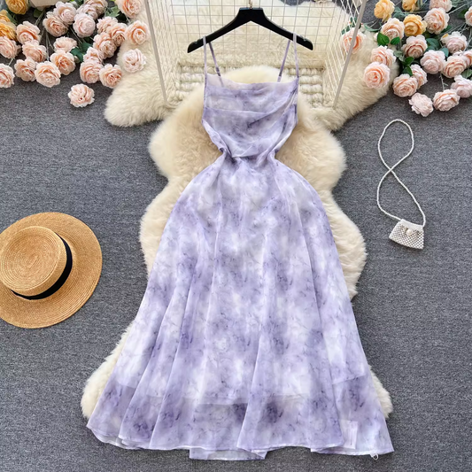 Smudge printing strap dress female seaside vacation chiffon beach skirt YM393