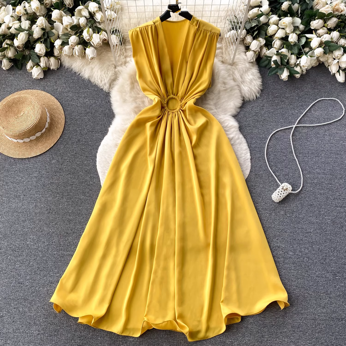 V-neck pleated waist hollow dress women summer dress ,YM159