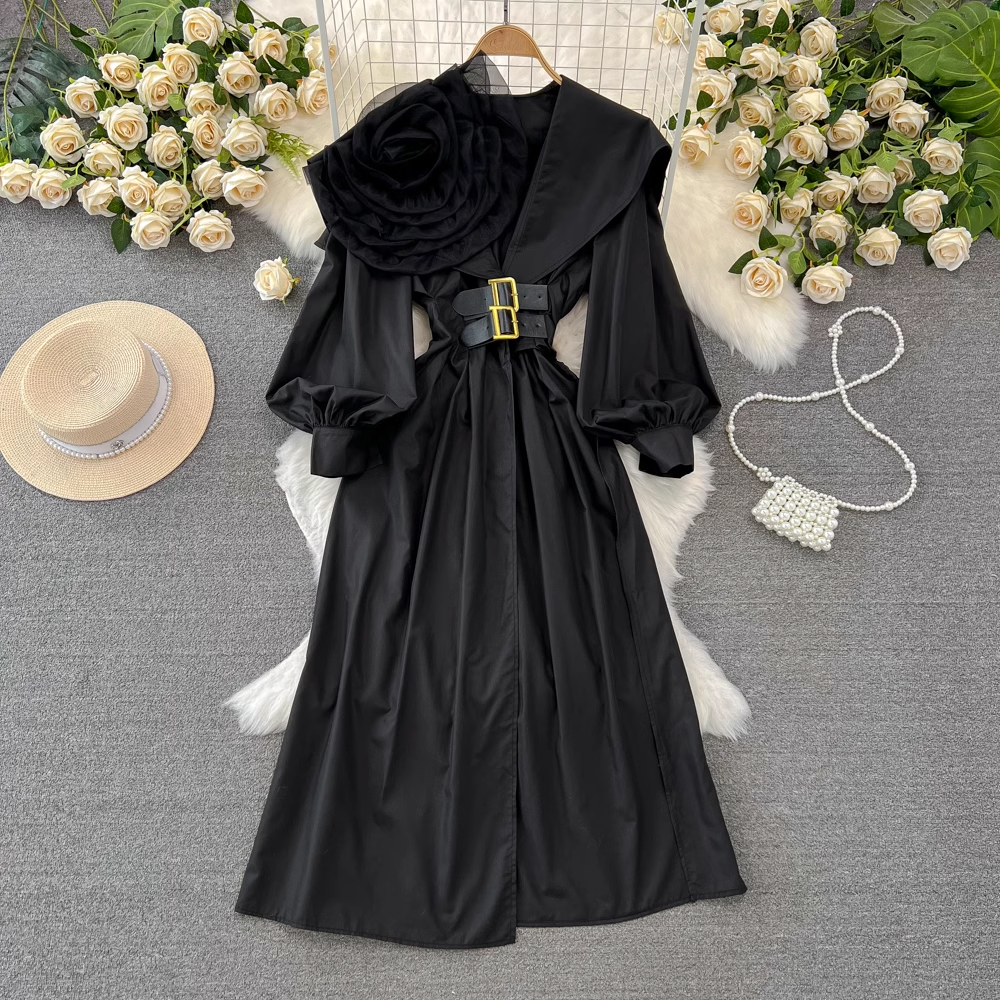 Lantern long sleeve three-dimensional flower V-neck mid-length a-line dress YM960