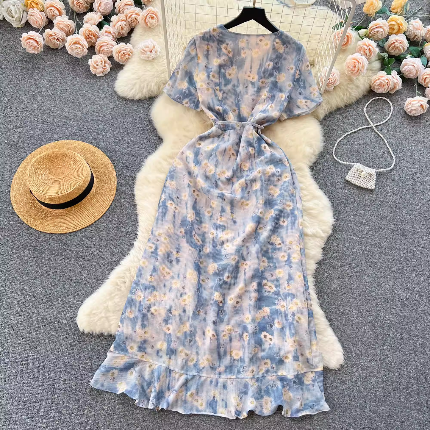 Women's Irregular Ruffled Floral Chiffon Dress ,YM121