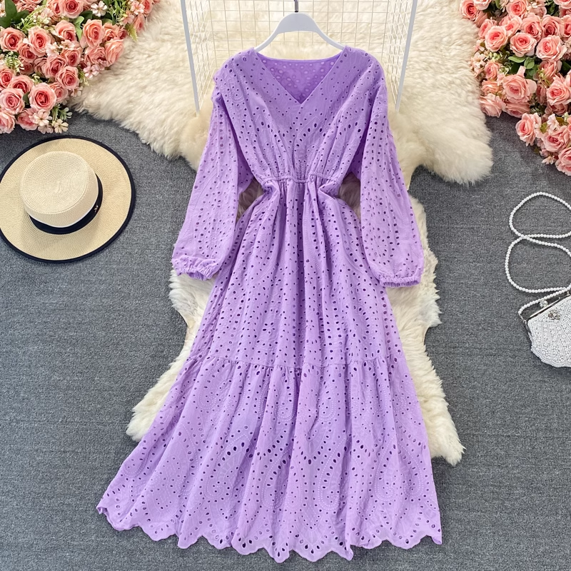 V-neck hollow embroidery summer dress ,YM180