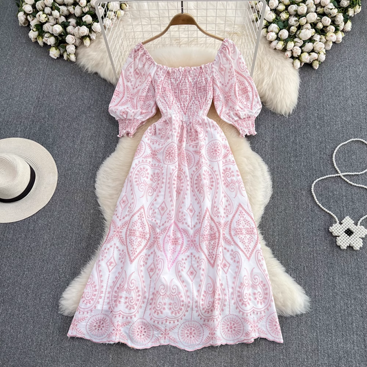 Retro square neck puff short-sleeved hollow embroidered A-line dress YM829