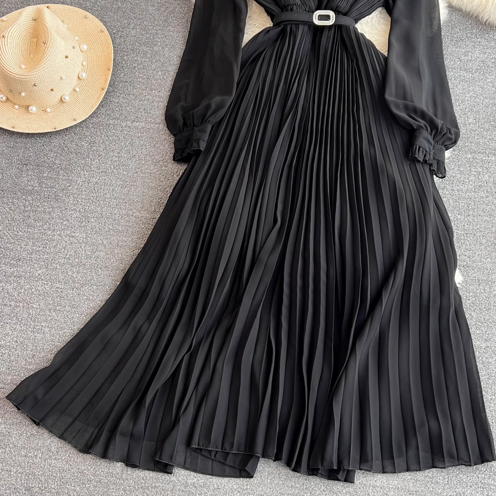 Chic A-line Pleated Maxi Dress, YM271