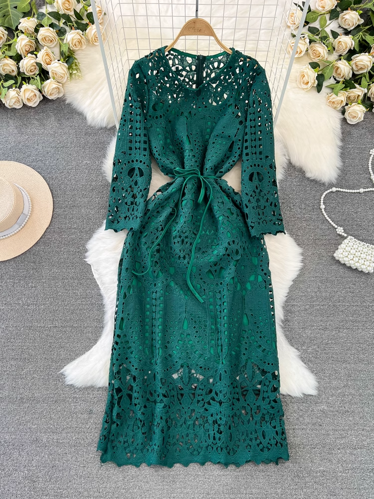 Women's long-sleeved round neck mid-length hollow lace dress YM882