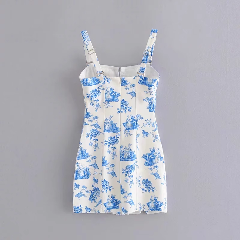 Retro printed blue and white porcelain hook buckle detachable suspender dress YM1369