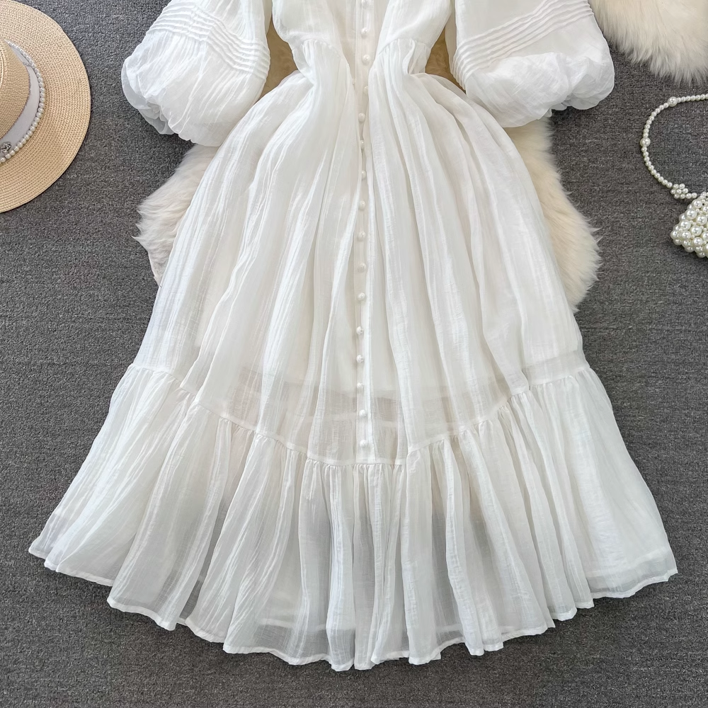 Retro palace-style lantern long-sleeved V-neck waist slimming A-line white dress elegant long skirt YM846