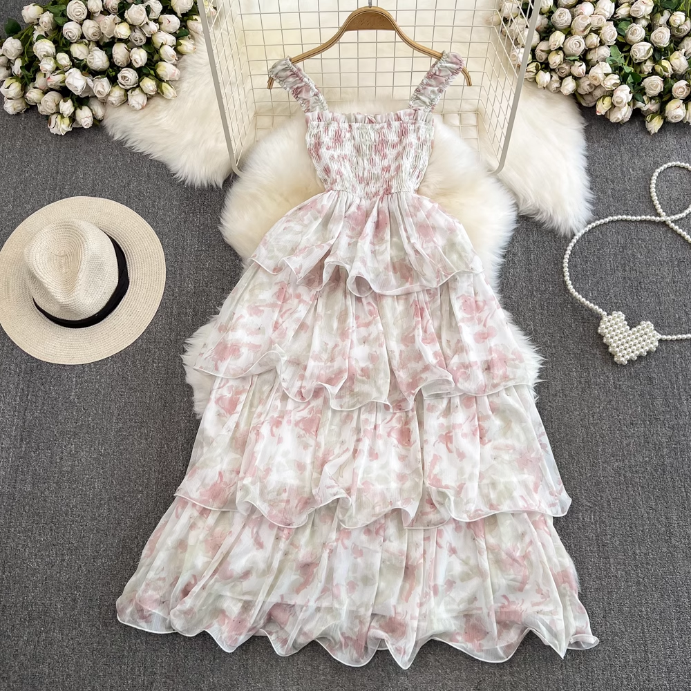 Beach holiday bow tie A-line floral chiffon dress YM290