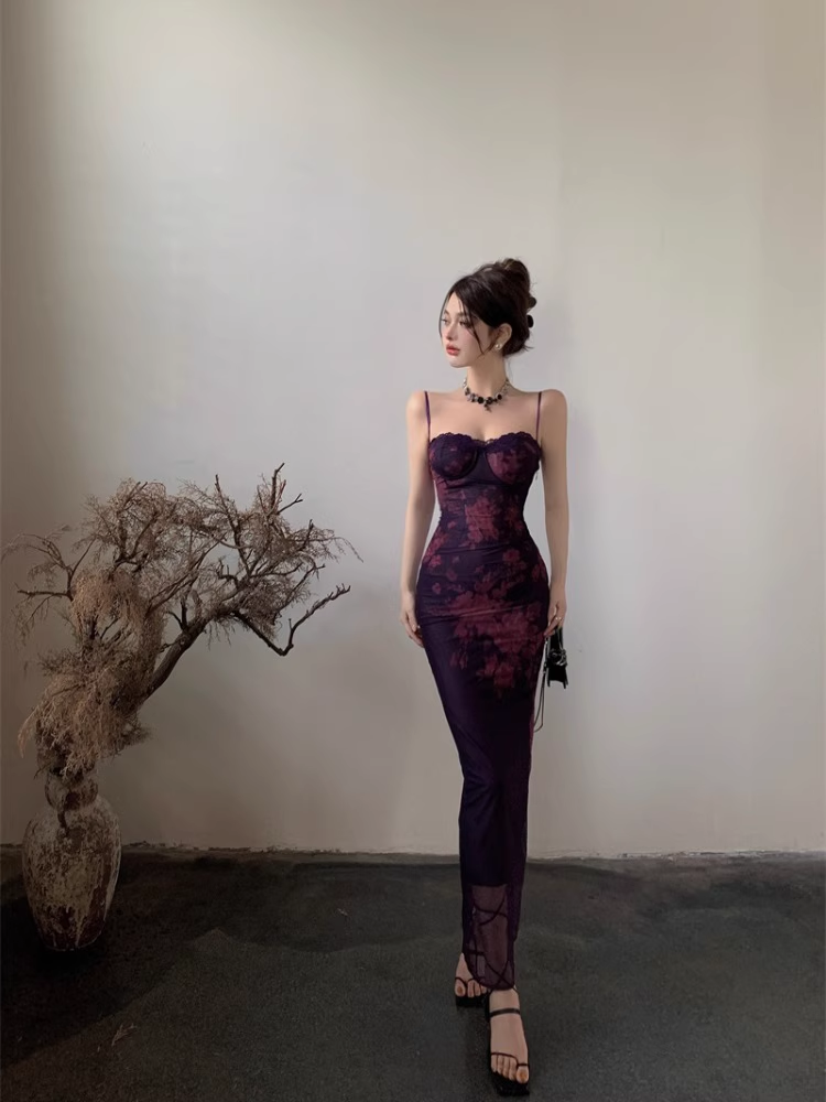 women's purple floral suspender dress  YM768