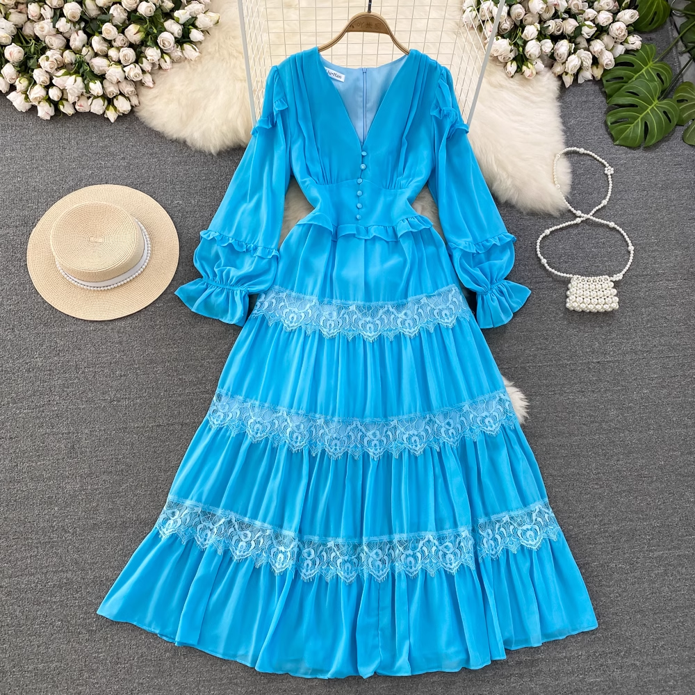 Lantern long-sleeved V-neck lace stitching chiffon dress seaside holiday dress, YM269