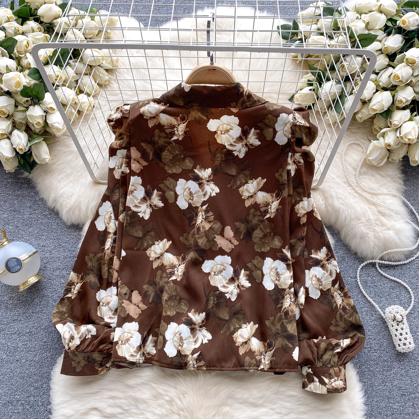 French pleated puff sleeve suit collar floral blouses YM559