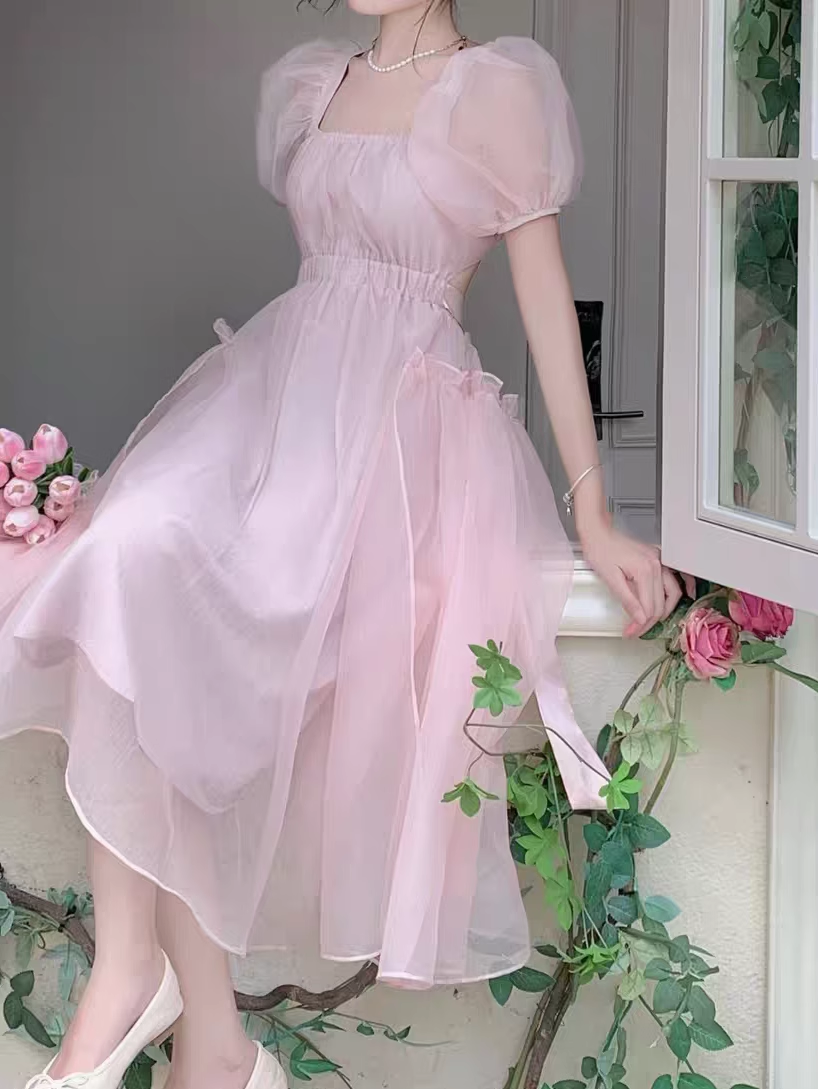 Pink backless dress for women summer puff sleeve long dress YM1503