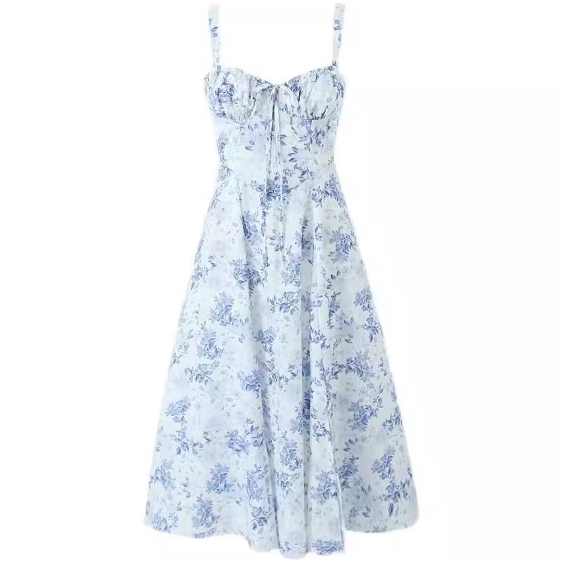 Blue and white porcelain print mid-length slip dress YM1283