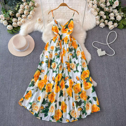 Retro palace style printed sleeveless suspender dress YM1443