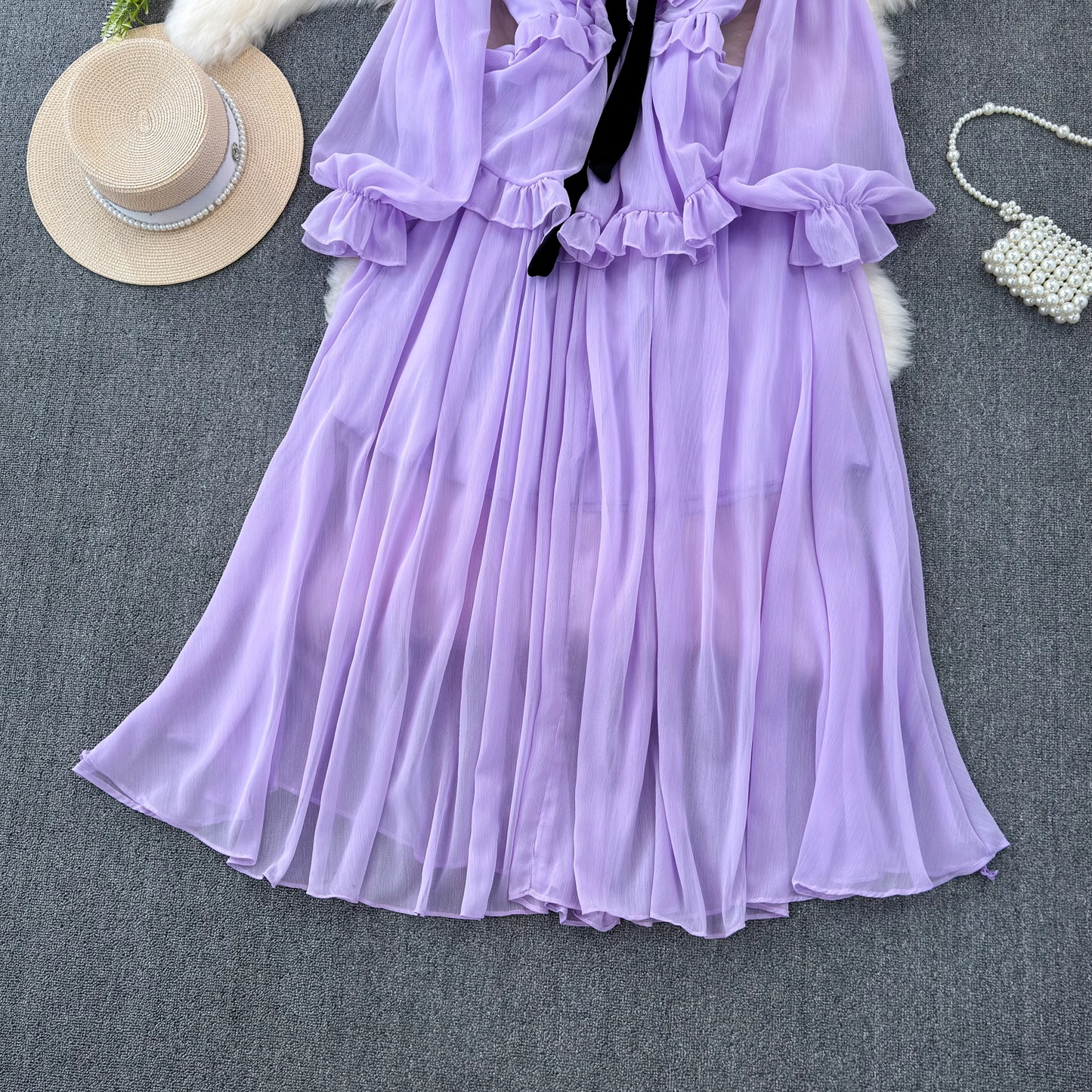 Vintage style long sleeve bow V-neck ruffled A-line chiffon dress YM1043