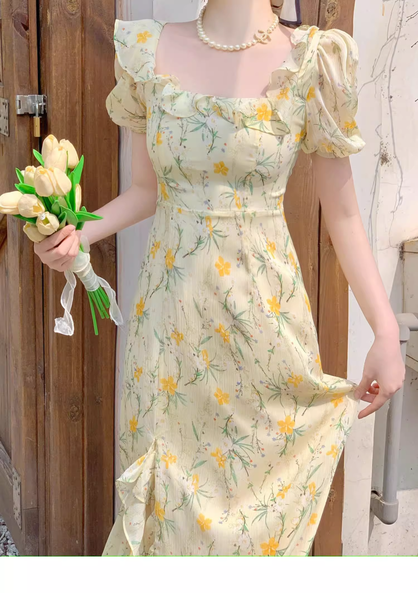 Beach vacation yellow floral puff sleeve dress for women summer  YM1132