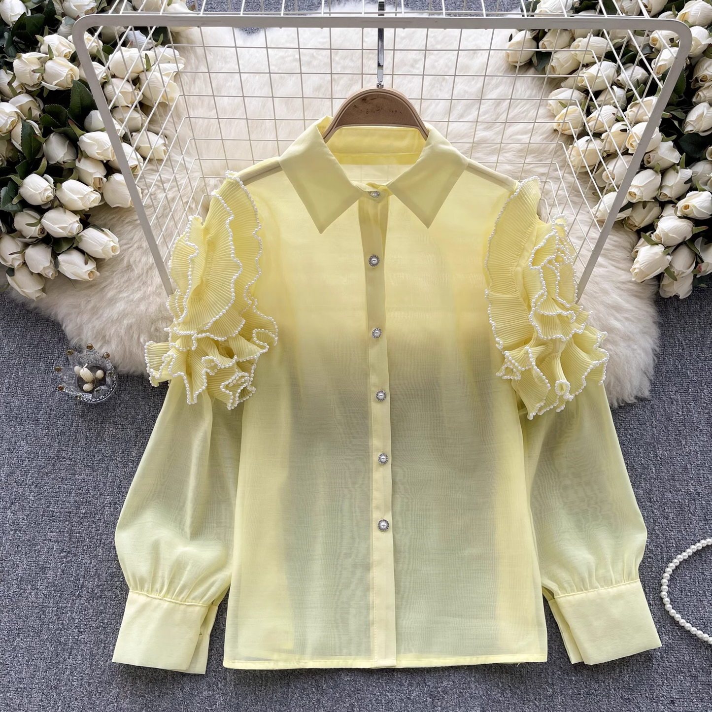 women's summer three-dimensional flower long sleeve mesh blouses YM353