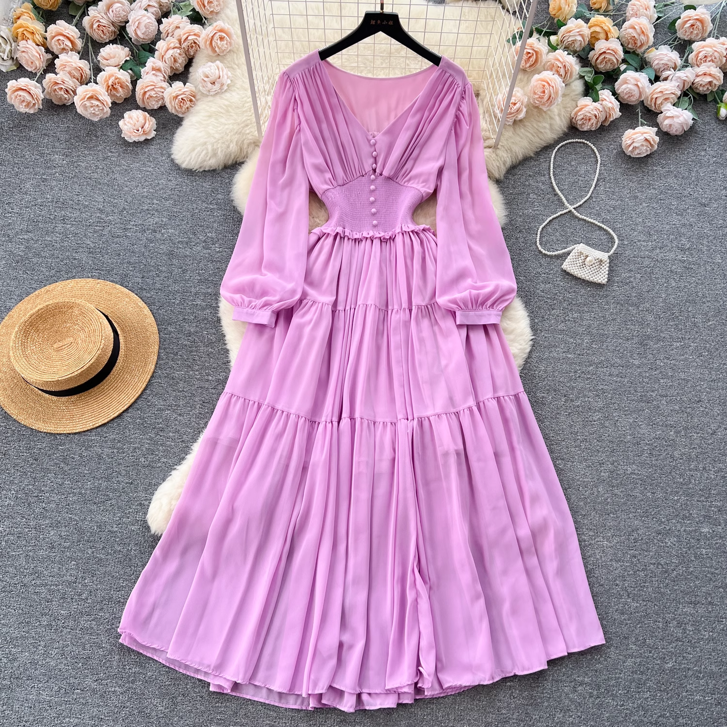 Elegant V-neck long-sleeved waist chiffon dress YM305