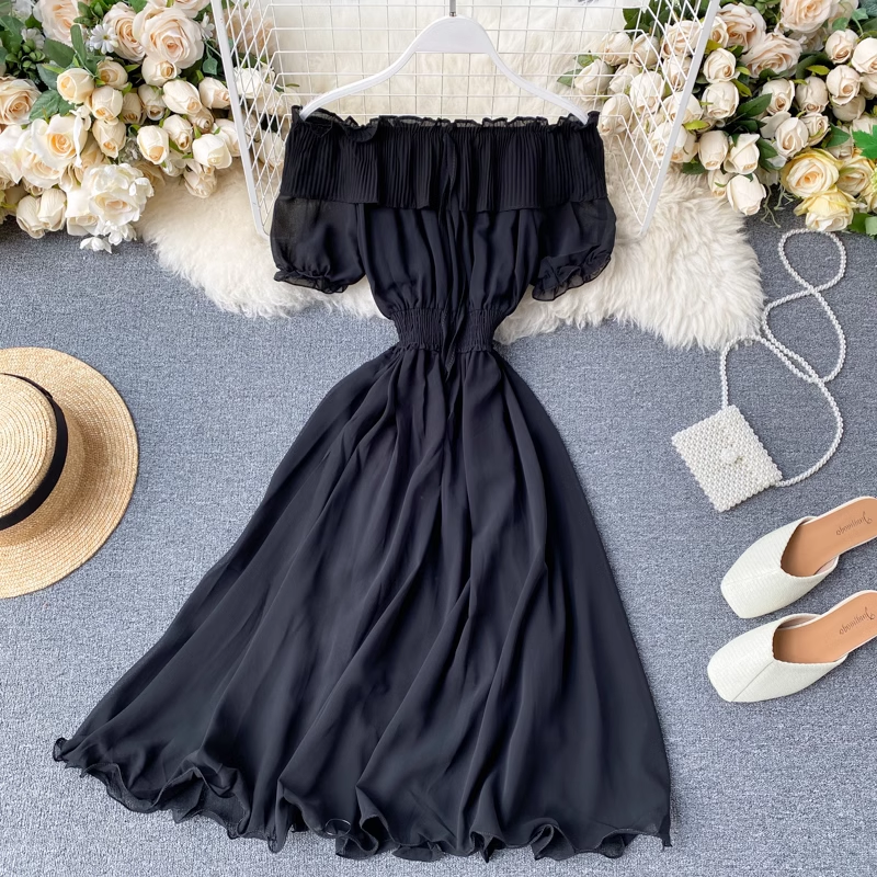 Pleated Ruffle Collar Strapless Chiffon Dress,YM104