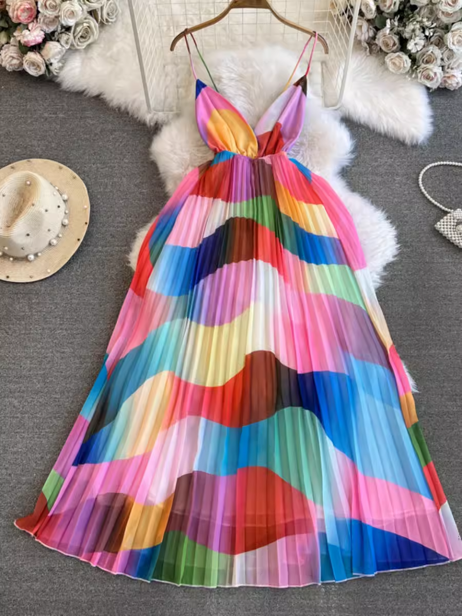 Colorful printed backless suspender Dress YM1021