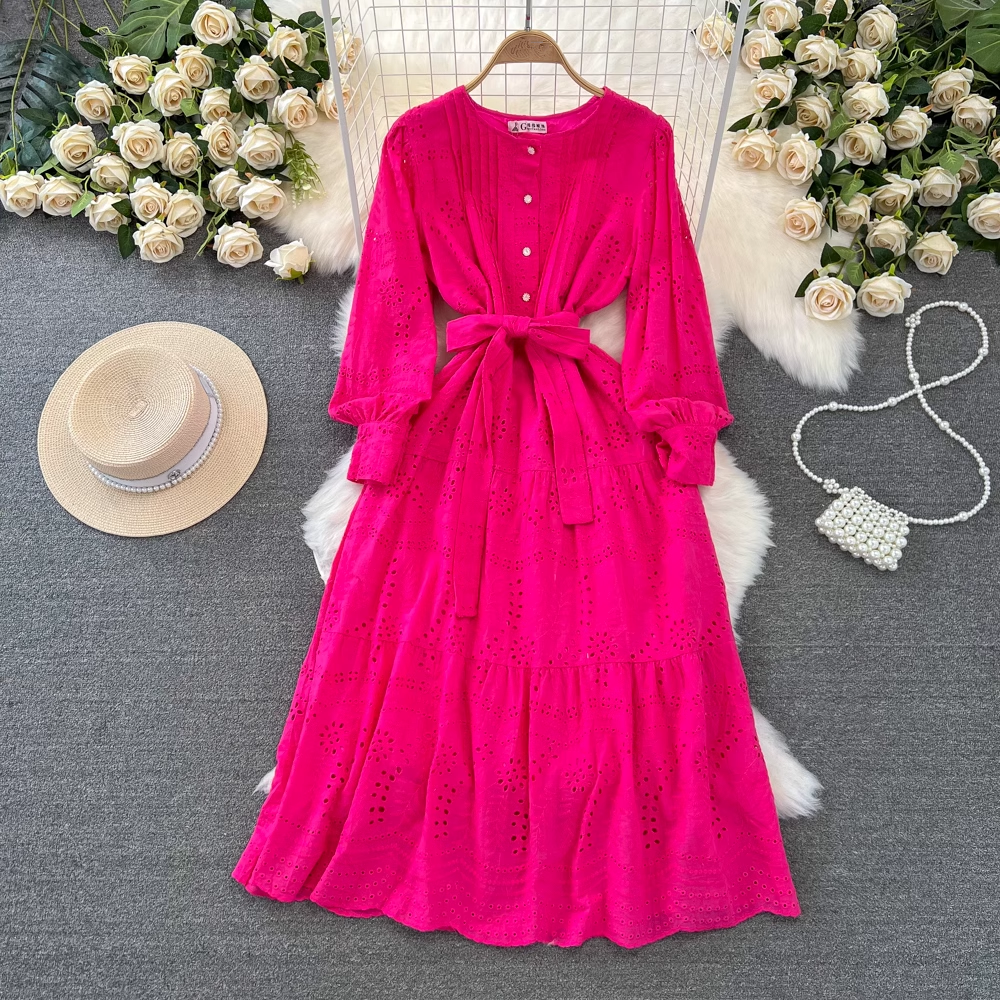 Women's long-sleeved round neck a-line embroidered hollow dress YM983