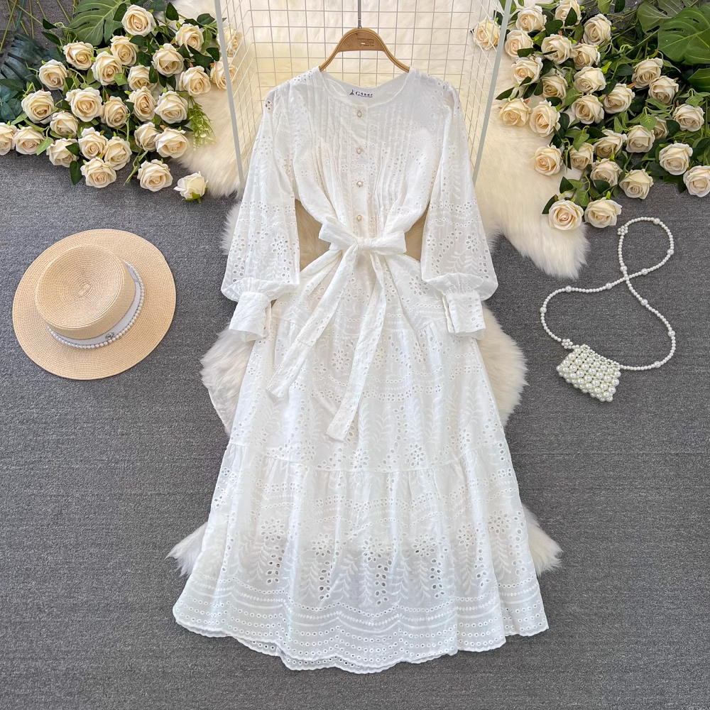 Women's long-sleeved round neck a-line embroidered hollow dress YM983