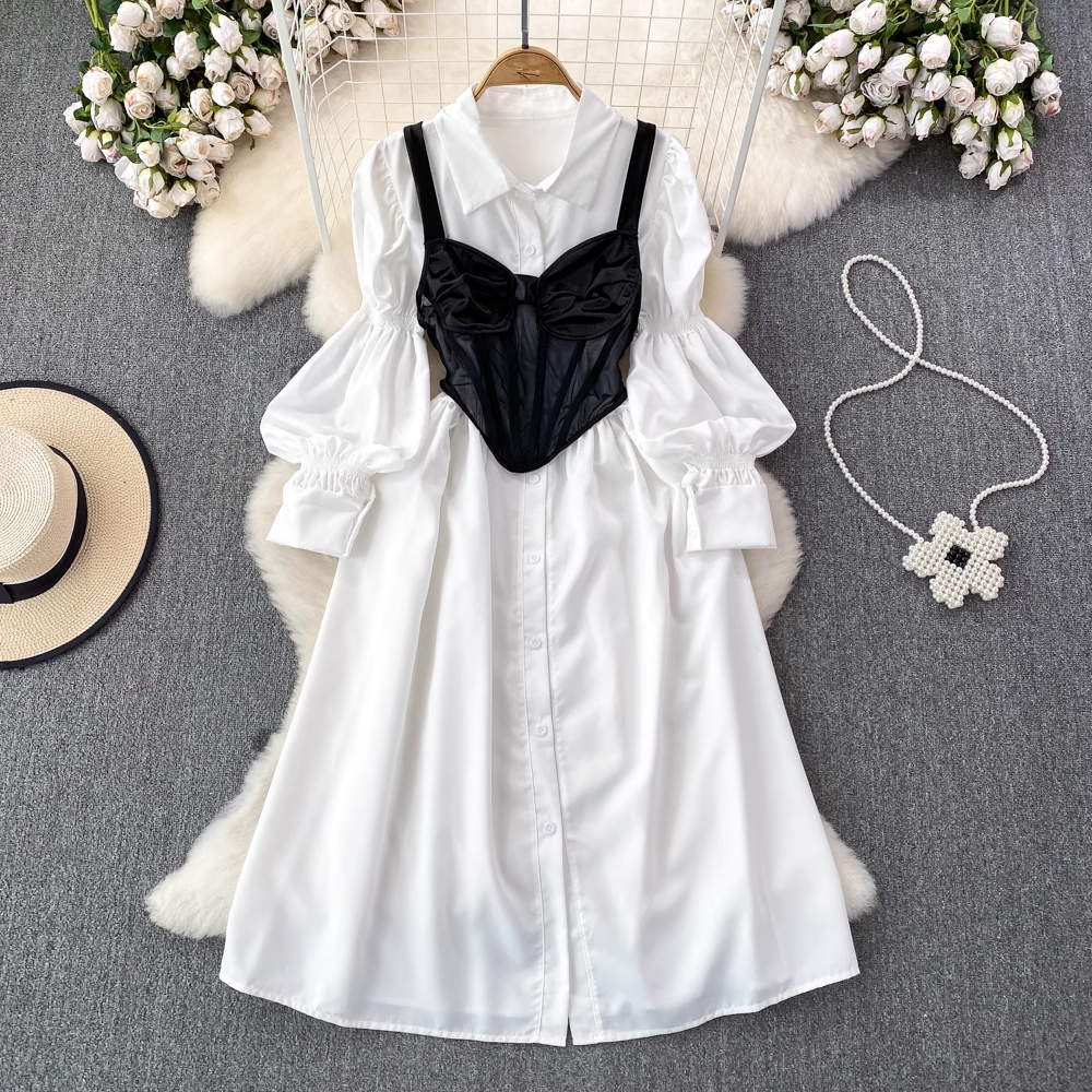 Lantern long-sleeved lapel single-breasted a-line shirt dress two-piece set PU leather suspender vest YM903