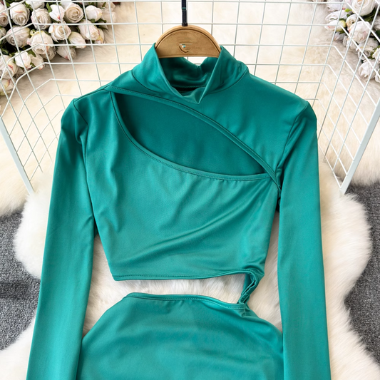 Spring and Autumn Fashionable and Sexy Long Sleeve Stand Collar Hollow Chest Dress YM1027