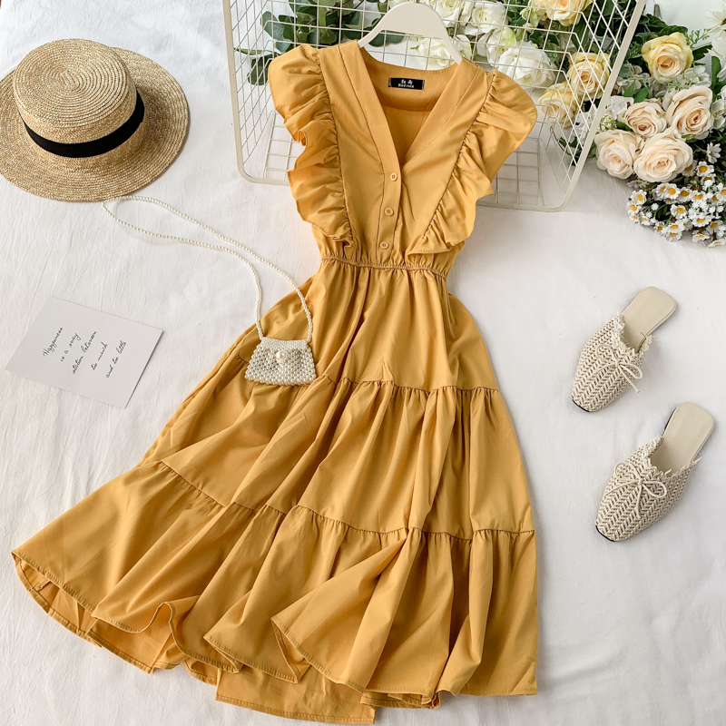 Vintage V-neck ruffled sleeveless Summer Dress, YM86