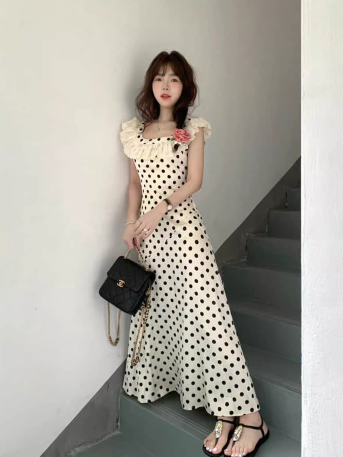 Women's summer square neck polka dot satin dress YM1538