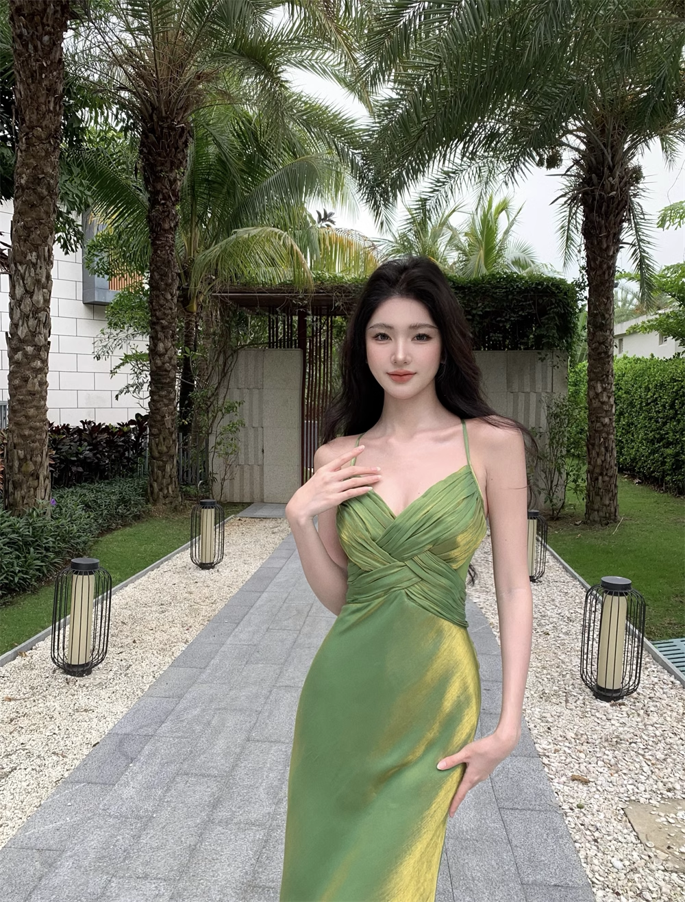 women's summer green suspender dress  YM1235