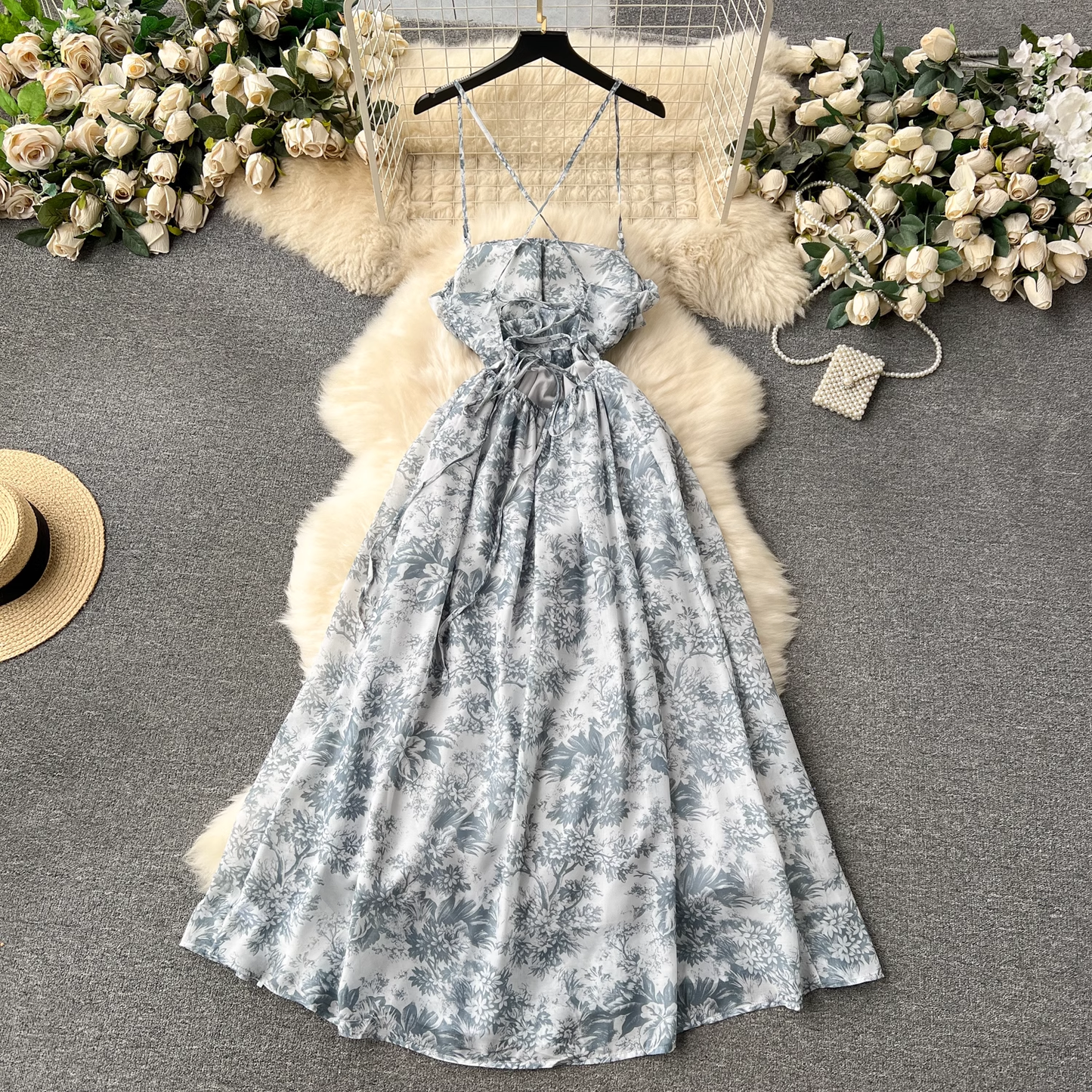 Sexy suspender skirt retro print vacation dress  YM1183