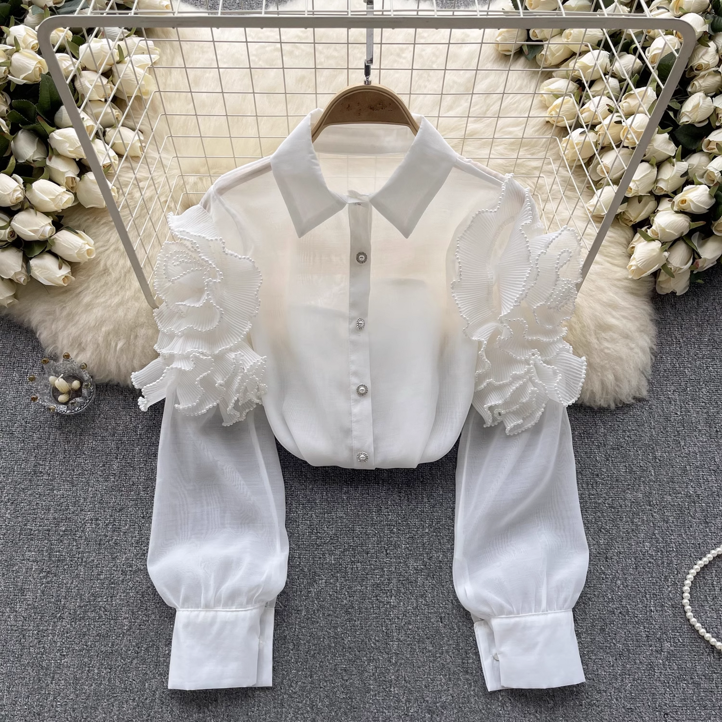 women's summer three-dimensional flower long sleeve mesh blouses YM353