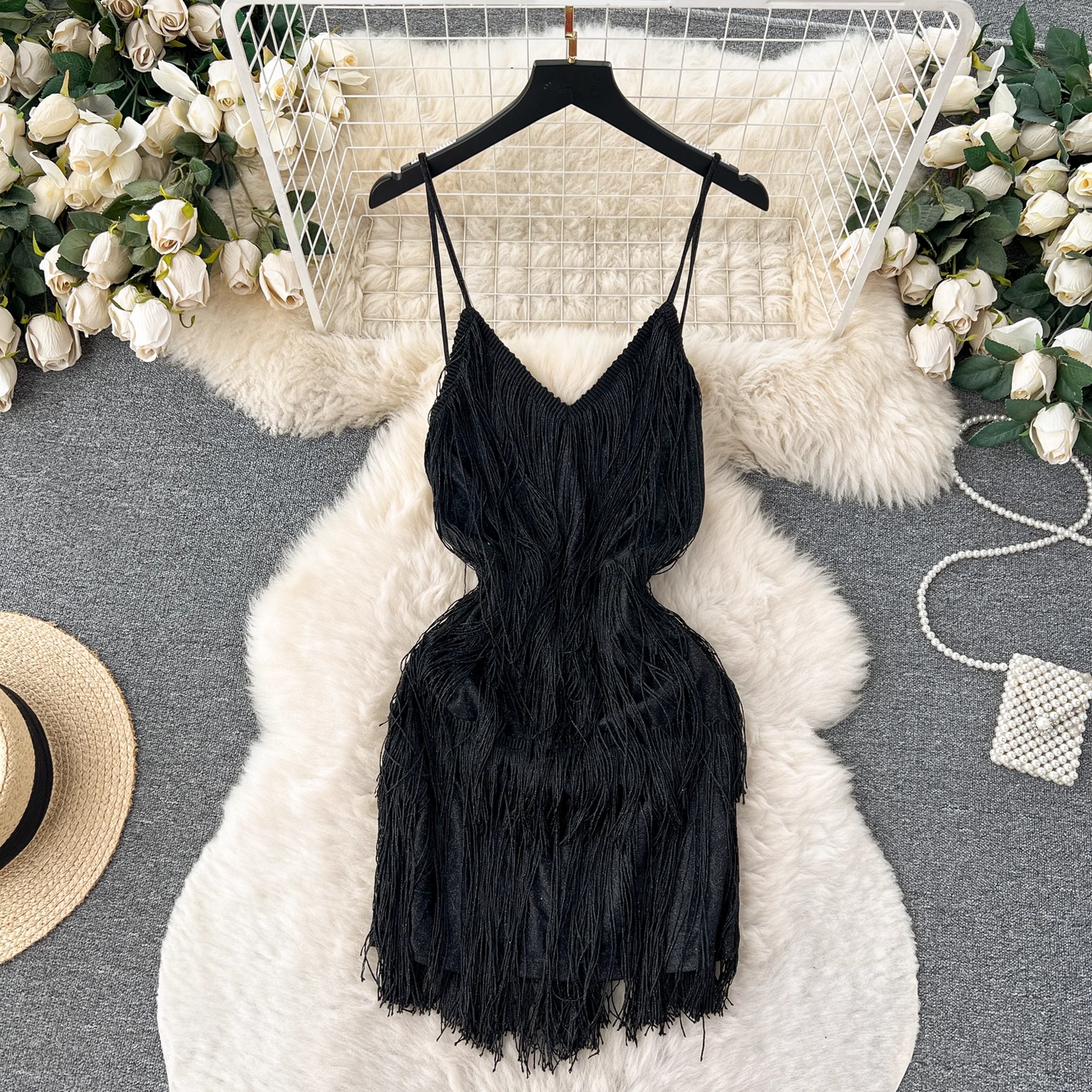 Sexy hollow backless furry fringed patchwork suspender dress YM489